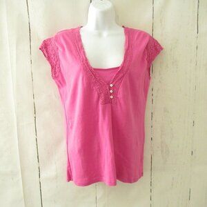 Ralph Lauren Top L Large Pink Short Sleeve Crochet V Neck Boho Peasant